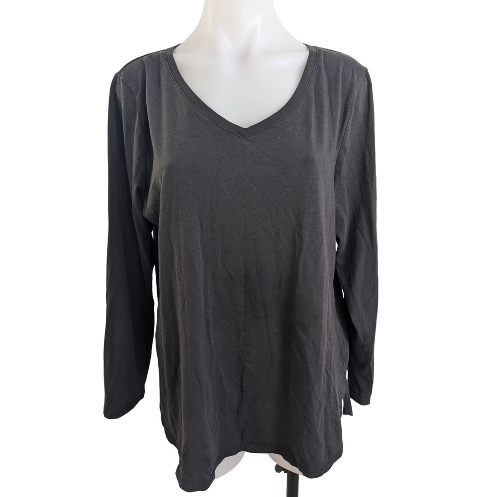 Soft Surroundings Petite Size Large Long Sleeve Tee Black Cotton Blend V Neck